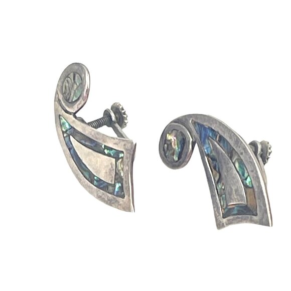 Vintage Abalone and  Sterling Silver Screw Back Earrings Marked B Taxco Sterling - Picture 7 of 8